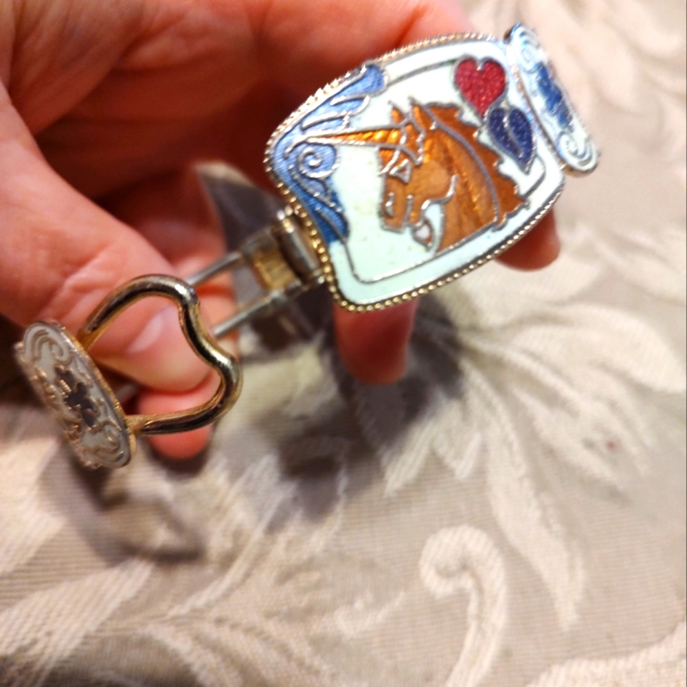 💙🦄💙Glorious 80's RARE Vintage Enameled Unicorn & Floral Hinge Bangle Bracelet - Picture 7 of 14